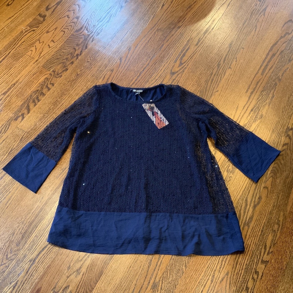 Nina Leonard Sz 1X Tunic Shirt Mesh Sequined Navy Sheer Sleeves Flowy Lined NWT